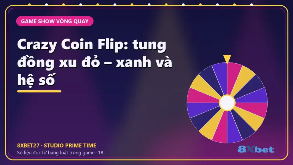 Crazy Coin Flip: tung đồng xu đỏ – xanh và hệ số – thẻ tiêu đề nền studio chàm và hồng tím