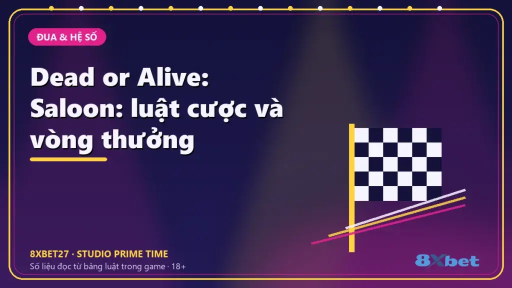 Dead or Alive: Saloon: luật cược và vòng thưởng – chữ tiêu đề trên thẻ studio màu chàm và hồng tím