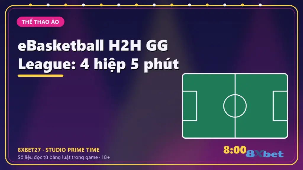 eBasketball H2H GG League: 4 hiệp 5 phút – chữ tiêu đề trên thẻ studio màu chàm và hồng tím