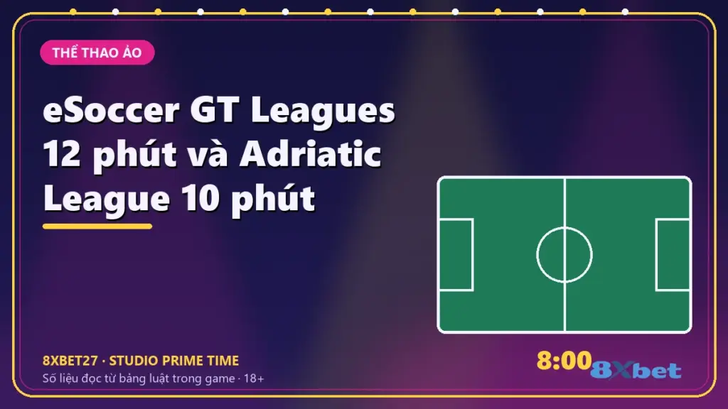 eSoccer GT Leagues 12 phút và Adriatic League 10 phút – chữ tiêu đề trên thẻ studio màu chàm và hồng tím
