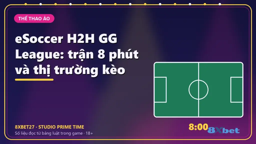 eSoccer H2H GG League: trận 8 phút và thị trường kèo – chữ tiêu đề trên thẻ studio màu chàm và hồng tím