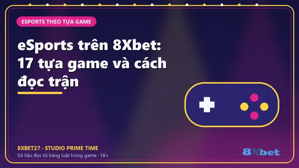 eSports trên 8Xbet: 17 tựa game và cách đọc trận – chữ tiêu đề trên thẻ studio màu chàm và hồng tím