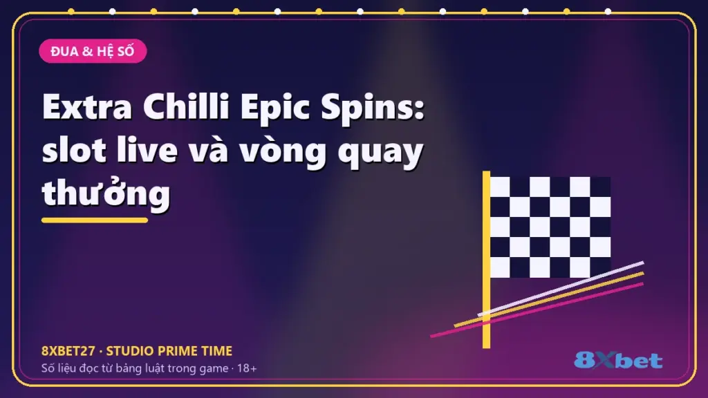Extra Chilli Epic Spins: slot live và vòng quay thưởng – chữ tiêu đề trên thẻ studio màu chàm và hồng tím