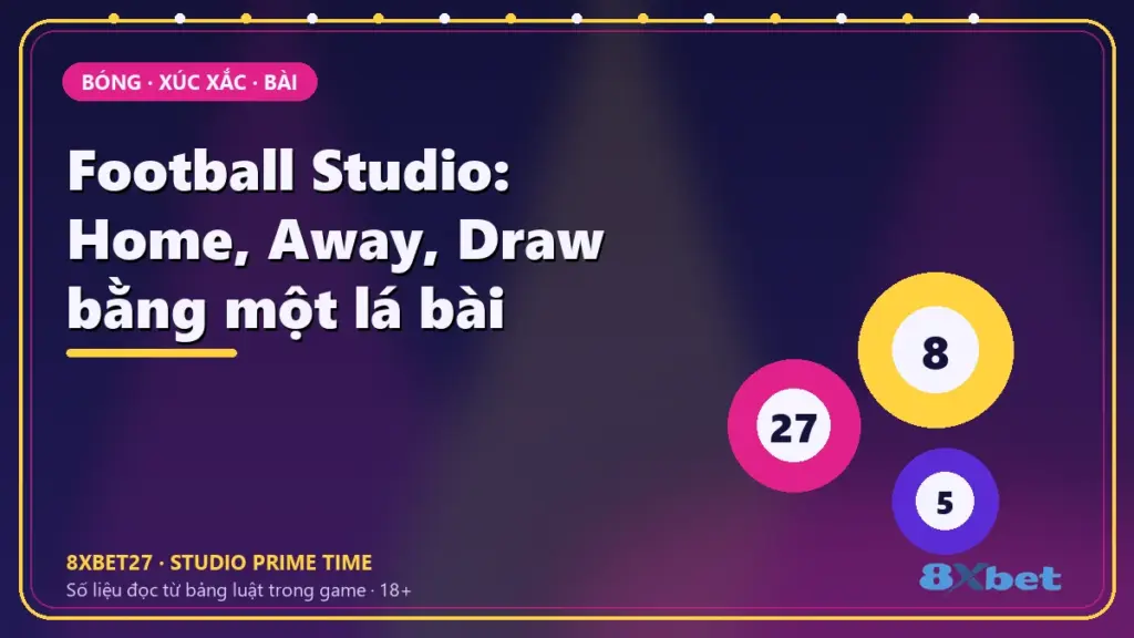 Thẻ studio nền chàm – hồng tím in tiêu đề Football Studio: Home, Away, Draw bằng một lá bài