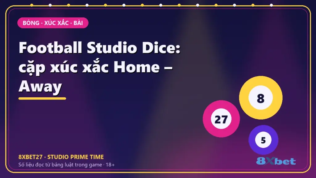 Thẻ studio nền chàm – hồng tím in tiêu đề Football Studio Dice: cặp xúc xắc Home – Away