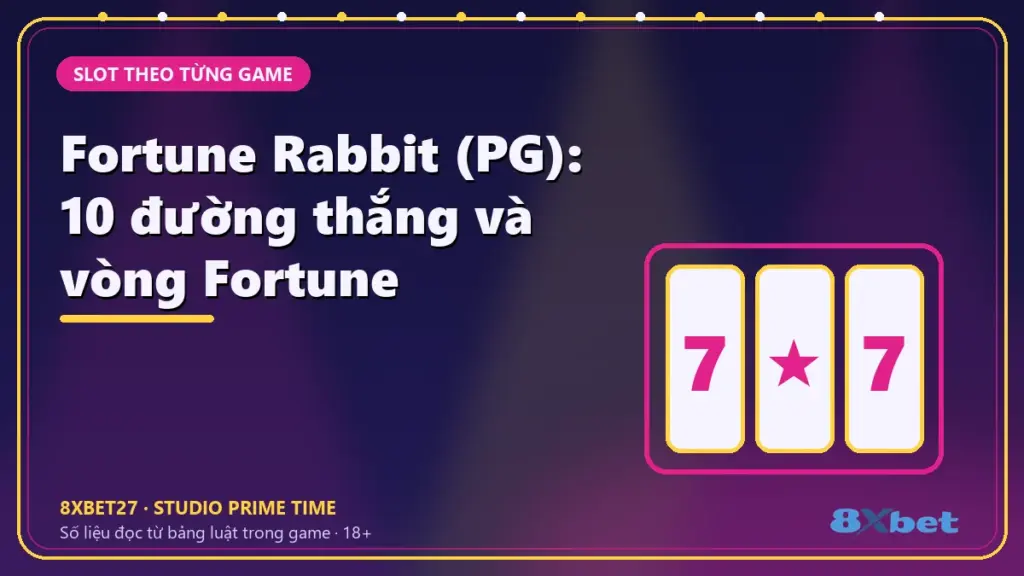 Fortune Rabbit (PG): 10 đường thắng và vòng Fortune – thẻ tiêu đề trên nền studio chàm hồng tím
