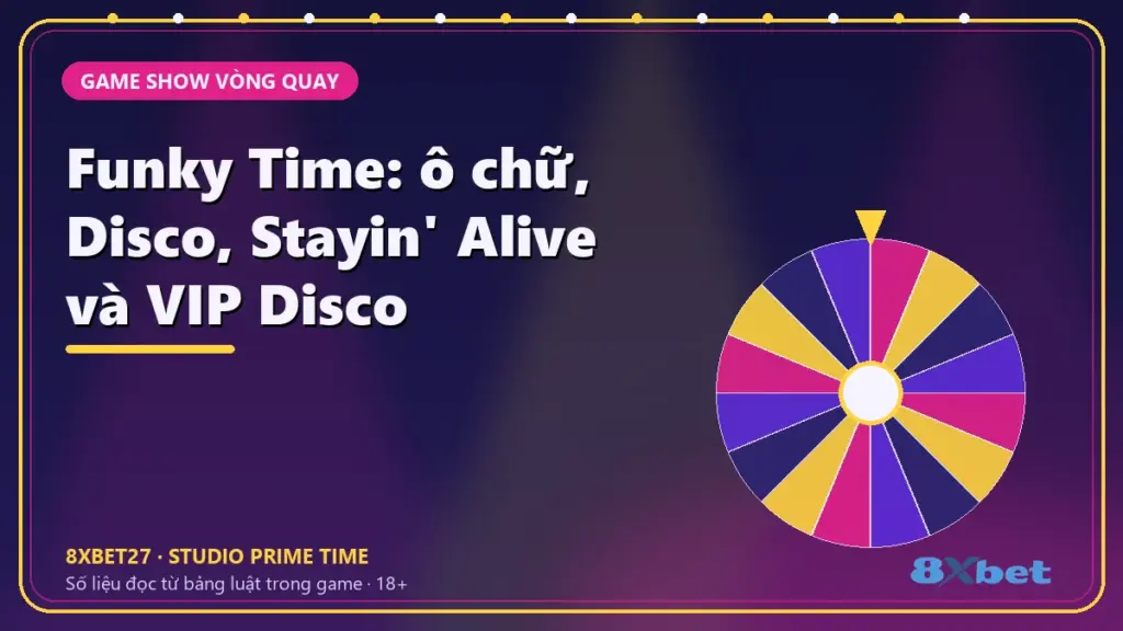 Funky Time: ô chữ, Disco, Stayin' Alive và VIP Disco – thẻ tiêu đề nền studio chàm và hồng tím