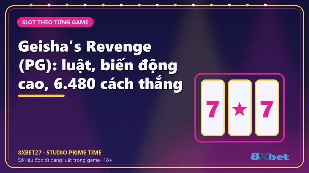 Geisha's Revenge (PG): luật, biến động cao, 6.480 cách thắng – thẻ tiêu đề trên nền studio chàm hồng tím