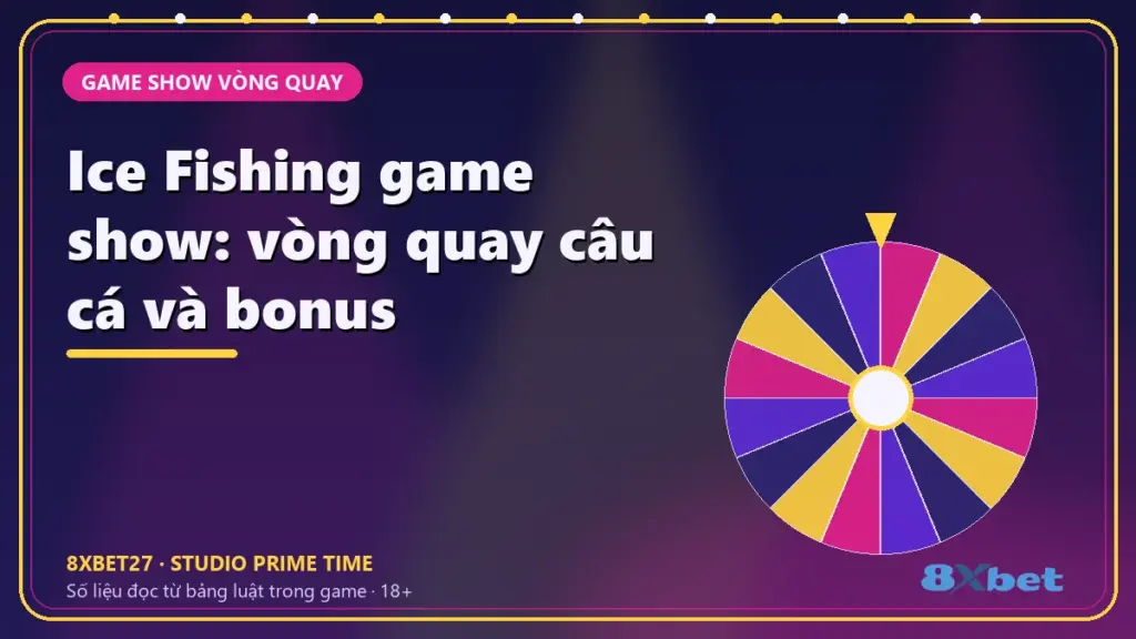 Ice Fishing game show: vòng quay câu cá và bonus – thẻ tiêu đề nền studio chàm và hồng tím