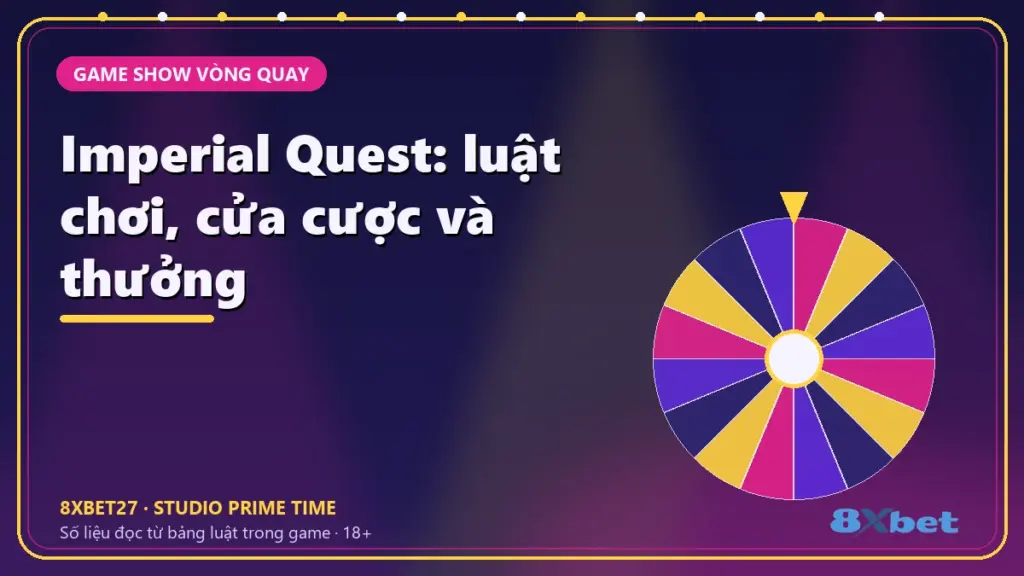 Imperial Quest: luật chơi, cửa cược và thưởng – thẻ tiêu đề nền studio chàm và hồng tím