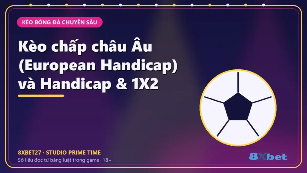 Kèo chấp châu Âu (European Handicap) và Handicap & 1X2 – chữ tiêu đề trên thẻ studio chàm và hồng tím