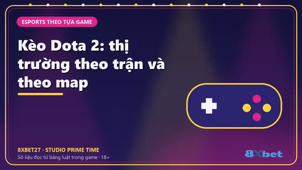 Kèo Dota 2: thị trường theo trận và theo map – chữ tiêu đề trên thẻ studio màu chàm và hồng tím
