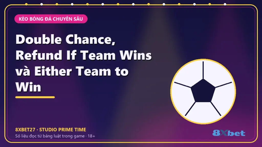 Double Chance, Refund If Team Wins và Either Team to Win – tiêu đề trên thẻ studio tím chàm và hồng tím