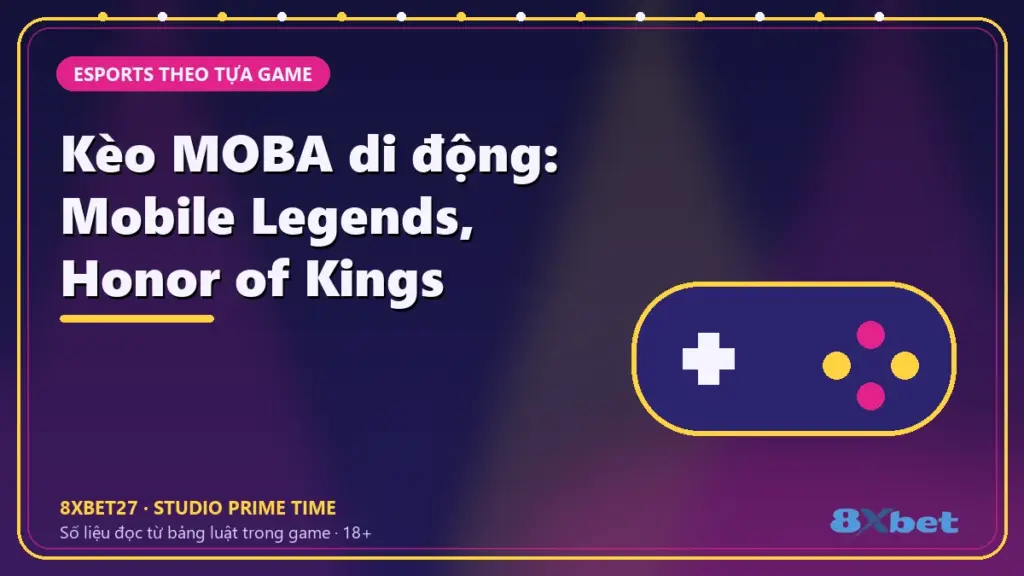 Kèo MOBA di động: Mobile Legends, Honor of Kings – chữ tiêu đề trên thẻ studio màu chàm và hồng tím