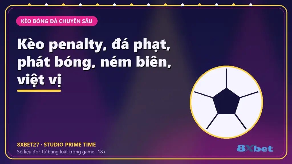 Kèo penalty, đá phạt, phát bóng, ném biên, việt vị – chữ tiêu đề trên thẻ studio chàm và hồng tím