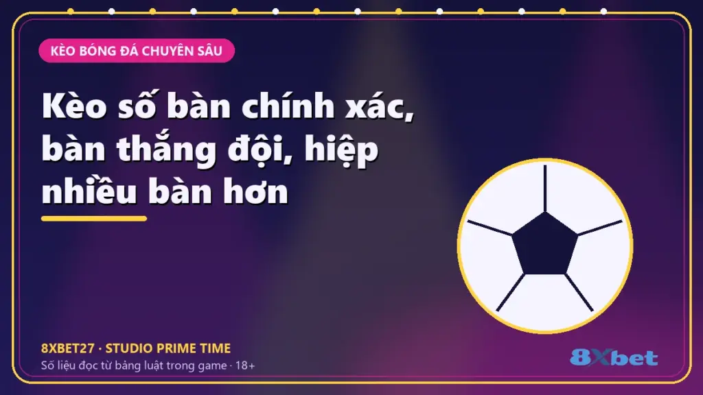 Kèo số bàn chính xác, bàn thắng đội, hiệp nhiều bàn hơn – chữ tiêu đề trên thẻ studio chàm và hồng tím
