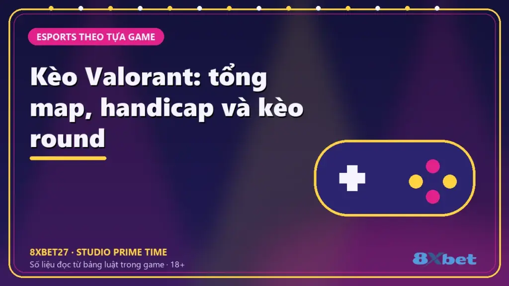 Kèo Valorant: tổng map, handicap và kèo round – chữ tiêu đề trên thẻ studio màu chàm và hồng tím