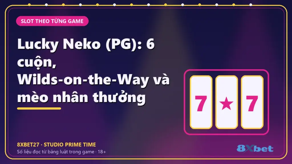 Lucky Neko (PG): 6 cuộn, Wilds-on-the-Way và mèo nhân thưởng – thẻ tiêu đề trên nền studio chàm hồng tím