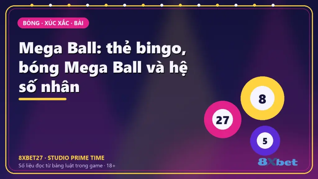 Thẻ studio nền chàm – hồng tím in tiêu đề Mega Ball: thẻ bingo, bóng Mega Ball và hệ số nhân
