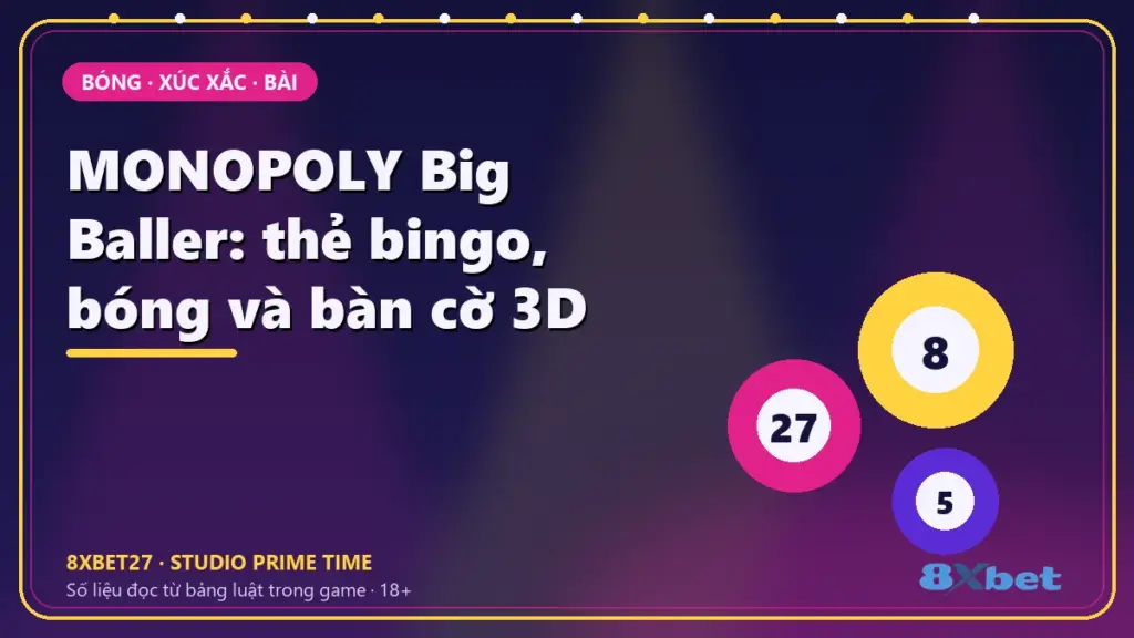 Thẻ studio nền chàm – hồng tím in tiêu đề MONOPOLY Big Baller: thẻ bingo, bóng và bàn cờ 3D