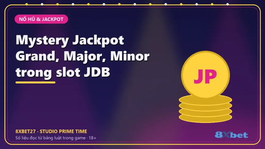 Thẻ tiêu đề Mystery Jackpot Grand, Major, Minor trong slot JDB trên nền studio chàm – hồng tím
