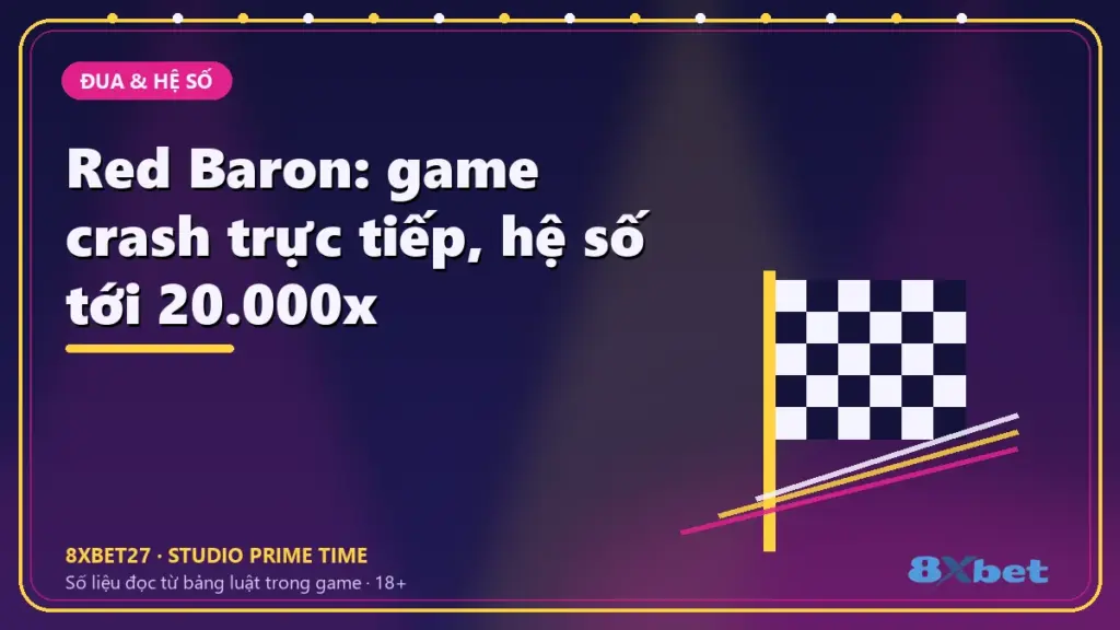 Red Baron: game crash trực tiếp, hệ số tới 20.000x – chữ tiêu đề trên thẻ studio màu chàm và hồng tím