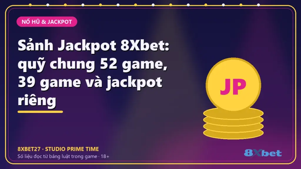Thẻ tiêu đề Sảnh Jackpot 8Xbet: quỹ chung 52 game, 39 game và jackpot riêng trên nền studio chàm – hồng tím