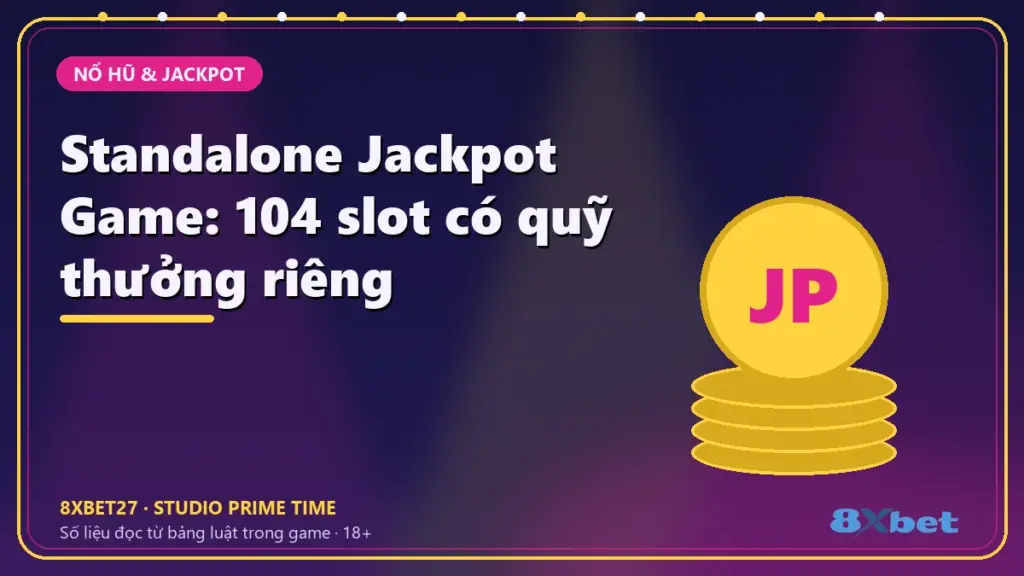 Thẻ tiêu đề Standalone Jackpot Game: 104 slot có quỹ thưởng riêng trên nền studio chàm – hồng tím