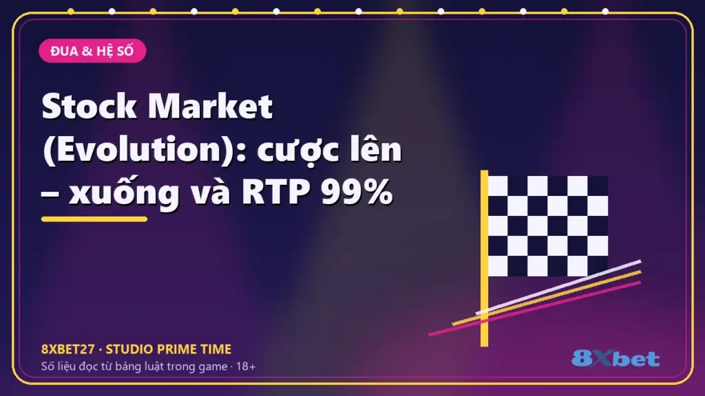Stock Market (Evolution): cược lên – xuống và RTP 99% – chữ tiêu đề trên thẻ studio màu chàm và hồng tím