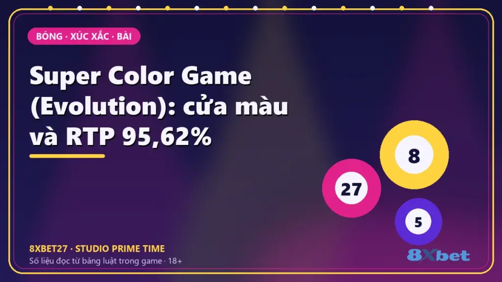 Thẻ studio nền chàm – hồng tím in tiêu đề Super Color Game (Evolution): cửa màu và RTP 95,62%