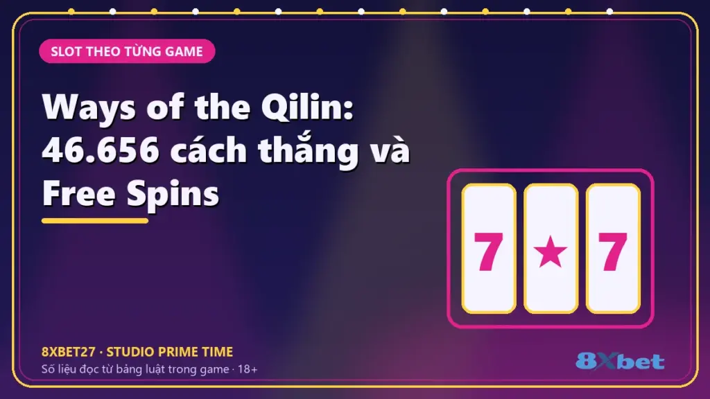 Ways of the Qilin: 46.656 cách thắng và Free Spins – thẻ tiêu đề trên nền studio chàm hồng tím